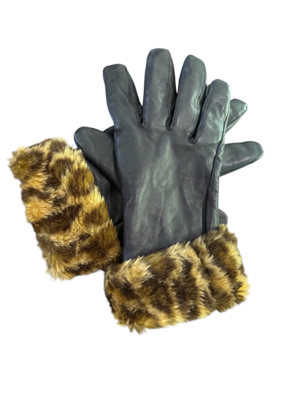 Vintage 1993/94 Genuine Leather Black Faux Leopard Fur Cuff Gloves